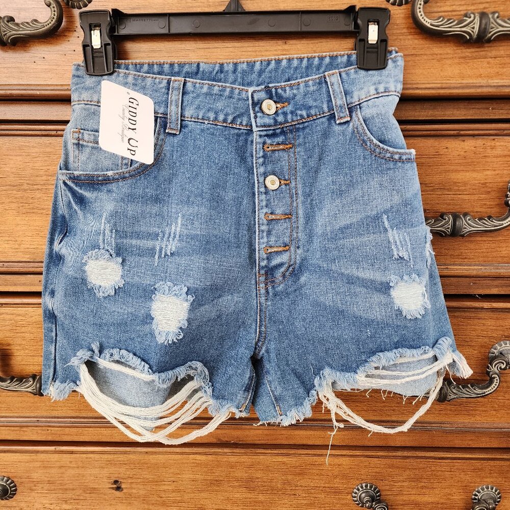 Sky Blue Button-Fly High Rise Distressed Denim Shorts